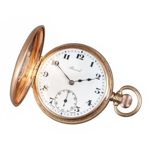 604 - RECORD: A 9CT GOLD HALF HUNTER POCKET WATCH

with keyless wind movement, white enamel dial, black Ar... 