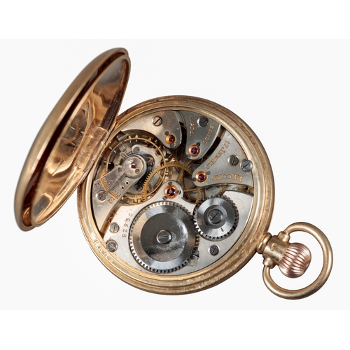 604 - RECORD: A 9CT GOLD HALF HUNTER POCKET WATCH

with keyless wind movement, white enamel dial, black Ar... 