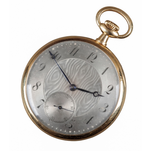 608 - AN 18CT GOLD OPEN FACE POCKET WATCH

with keyless wind movement, silver dial, dark blue steel hands,... 