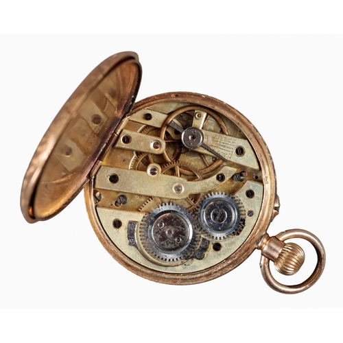 609 - A 14CT GOLD OPEN FACE FOB WATCH

with keyless wind movement, white enamel dial, black Roman numerals... 