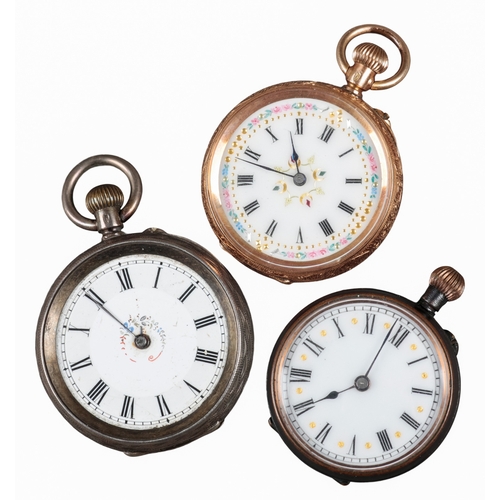 614 - A 14CT LADIES FOB WATCH

with keyless wind movement, white enamel dial, black Roman numerals, dark b... 