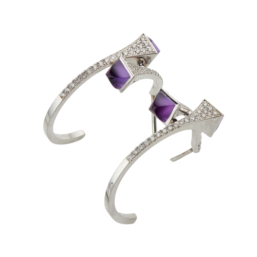 121 - MARLI; A PAIR OF DIAMOND AND AMETHYST SMALL HOOP CLEO EARRINGS the amethyst terminals 2.40ct combine... 