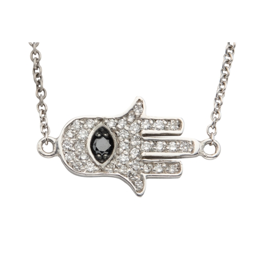 125 - A HAMSA DIAMOND AND CHAIN NECKLACE pave set with black and white diamonds, 0.42ct total, stamped 750... 
