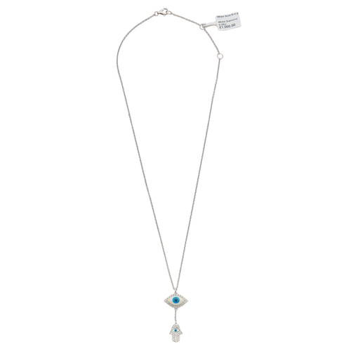 129 - A DIAMOND SET EVIL EYE AND HAMSA PENDANT NECKLACE the ceramic eye with diamond set frame, and the Ha... 