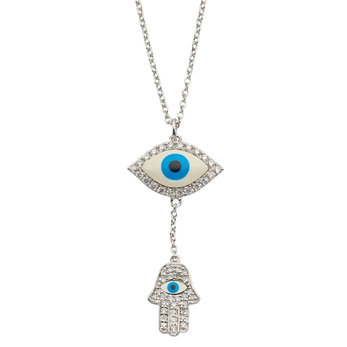 129 - A DIAMOND SET EVIL EYE AND HAMSA PENDANT NECKLACE the ceramic eye with diamond set frame, and the Ha... 