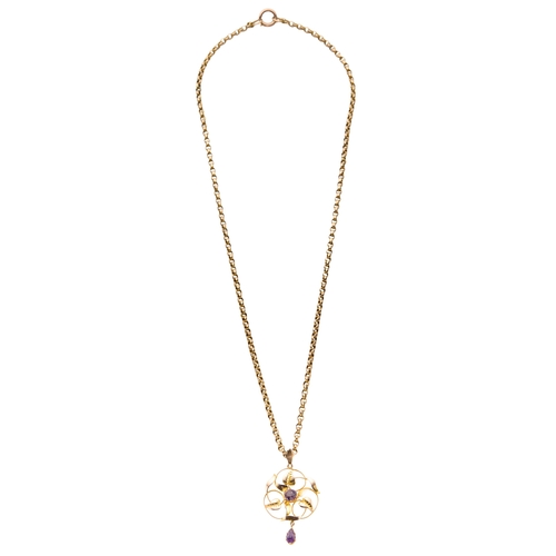 132 - AN EDWARDIAN STYLE PENDANT NECKLACE the pendant set with a round and pear shaped mix cut amethysts, ... 