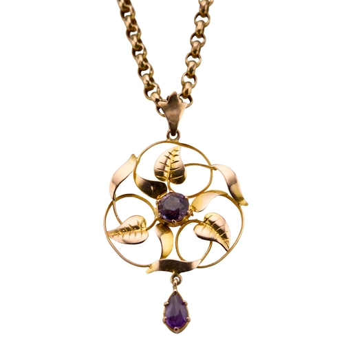 132 - AN EDWARDIAN STYLE PENDANT NECKLACE the pendant set with a round and pear shaped mix cut amethysts, ... 