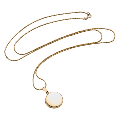 136 - A LOCKET ON CHAIN the round 9ct gold locket approximately 30mm drop, British hallmarks, on a 9ct gol... 