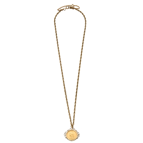 141 - A QUEEN VICTORIA 1890 MOUNTED SOVEREIGN PENDANT NECKLACE the reverse St George and the Dragon, the m... 