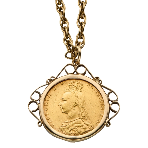 141 - A QUEEN VICTORIA 1890 MOUNTED SOVEREIGN PENDANT NECKLACE the reverse St George and the Dragon, the m... 