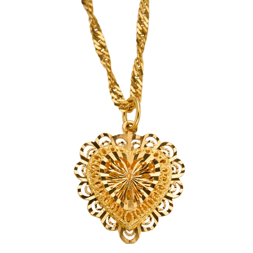 145 - A HEART SHAPED PENDANT NECKLACE the pierced heart pendant approximately 30mm drop, on a diamond cut ... 