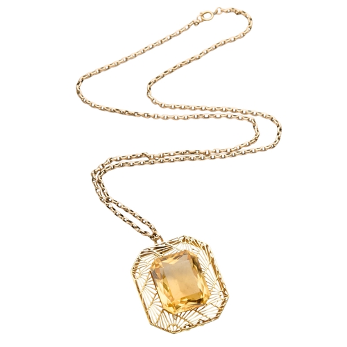 149 - A CITRINE PENDANT NECKLACE ON CHAIN the large rectangular cut citrine 28mm x 22mm, in pierced settin... 