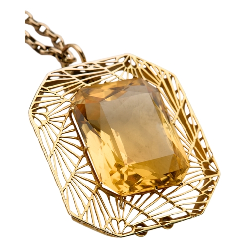 149 - A CITRINE PENDANT NECKLACE ON CHAIN the large rectangular cut citrine 28mm x 22mm, in pierced settin... 