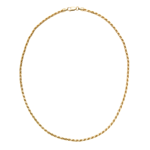 150 - AN 18CT ROPE LINK CHAIN stamped 750 with lobster clasp, approximately 44cm long and 17.56 grams... 