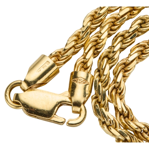 150 - AN 18CT ROPE LINK CHAIN stamped 750 with lobster clasp, approximately 44cm long and 17.56 grams... 