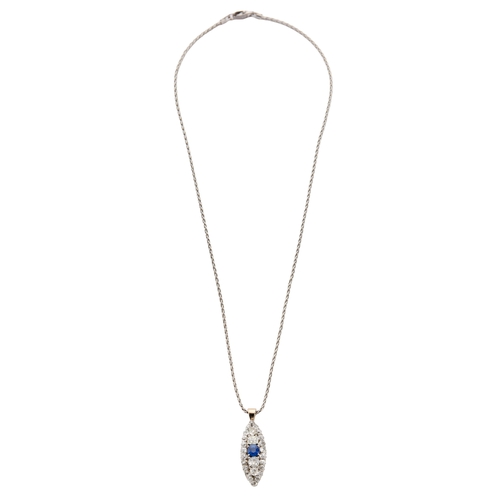 151 - A SAPPHIRE AND DIAMOND MARQUISE SHAPED PENDANT NECKLACE the central oval mixed cut sapphire a 5.5mm ... 