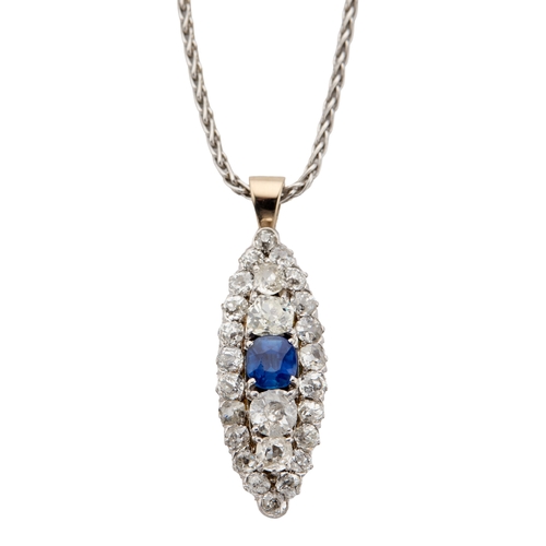 151 - A SAPPHIRE AND DIAMOND MARQUISE SHAPED PENDANT NECKLACE the central oval mixed cut sapphire a 5.5mm ... 