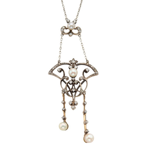 154 - AN EDWARDIAN DIAMOND AND PEARL LAVIERE NECKLACE set with four pearls, approximately 5.3mm to 4.3mm d... 