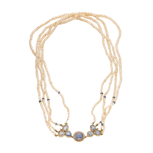 155 - A FOUR-STRAND FRESHWATER SEED PEARL NECKLACE WITH SAPPHIRE SET CLASP the oval mixed cut sapphire, ap... 
