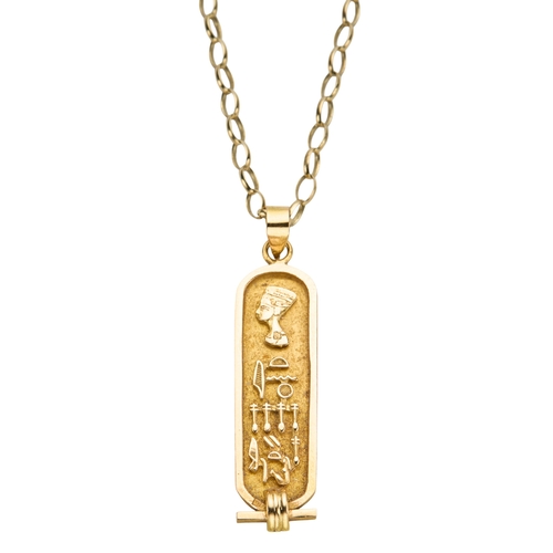 165 - AN EGYPTIAN PENDANT ON CHAIN the pendant with 48mm drop, unmarked, surface testing as 18ct, on a cha... 