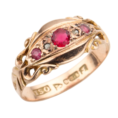 171 - AN 9CT GOLD RUBILLITE TOURMALINE AND DIAMOND GYPSY RING the three graduated round mixed cut tourmali... 