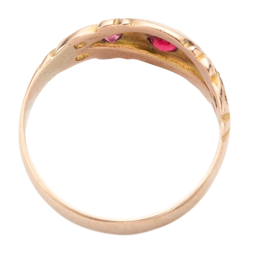 171 - AN 9CT GOLD RUBILLITE TOURMALINE AND DIAMOND GYPSY RING the three graduated round mixed cut tourmali... 