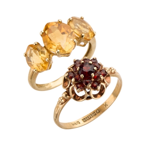 172 - A 9CT GOLD CITRINE THREE-STONE RING British hallmarks, ring size N 1/2 together with a 9ct gold garn... 