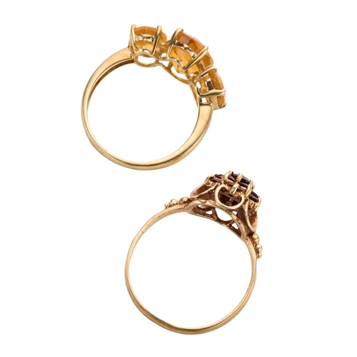 172 - A 9CT GOLD CITRINE THREE-STONE RING British hallmarks, ring size N 1/2 together with a 9ct gold garn... 