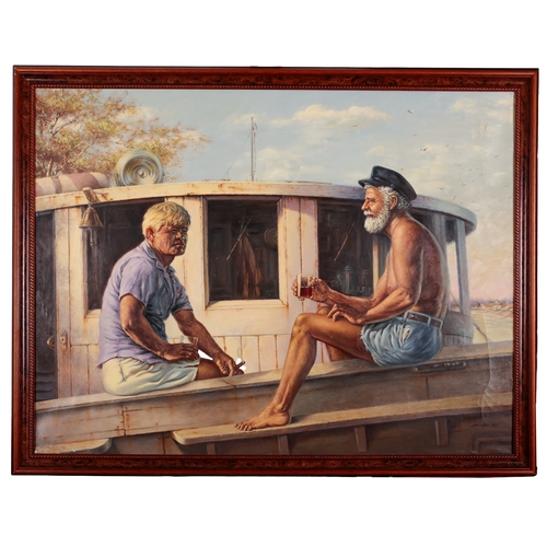 193 - ARCHER (20TH CENTURY) Portrait of two men on a boat (19)95, signed lower right, oil on canvas, 86.5c... 
