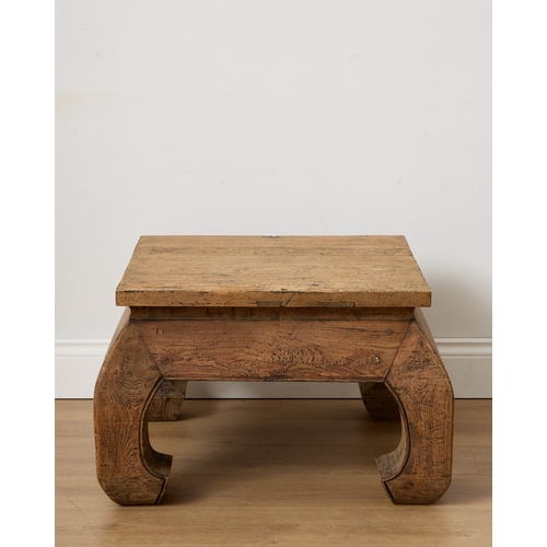 198 - A DISTRESSED STAINED PINE OPIUM TABLE the rectangular top over bold bombe-shaped legs, 44cm high x 7... 