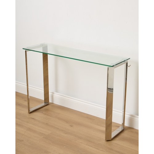 201 - A CHROME AND GLASS CONSOLE TABLE modern, the rectangular glass top above the canted cornered hollow ... 