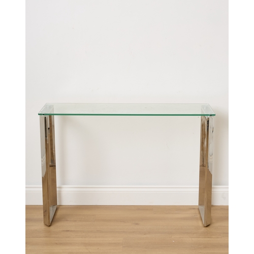 201 - A CHROME AND GLASS CONSOLE TABLE modern, the rectangular glass top above the canted cornered hollow ... 