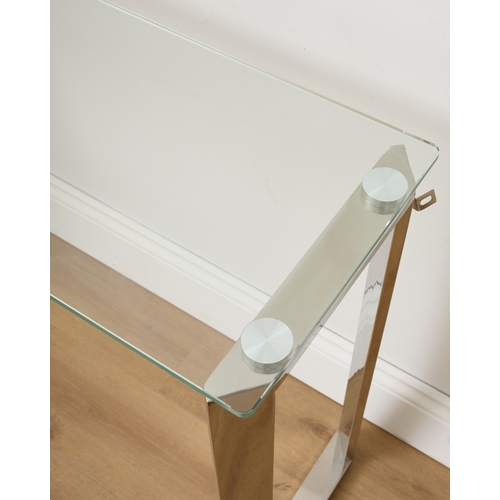 201 - A CHROME AND GLASS CONSOLE TABLE modern, the rectangular glass top above the canted cornered hollow ... 