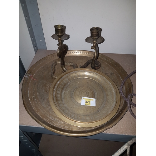 323 - Middle east brass tray & candle sticks