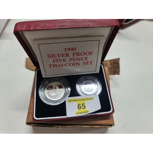 65 - 1990 Silver proof five pence 5p two coin twin set - 8.9g