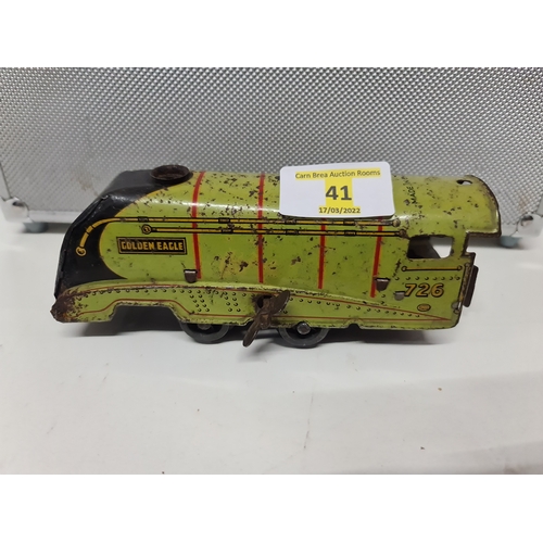 41 - O GAUGE BRIMTOY TINPLATE CLOCKWORK A4 GRESLEY LOCO 726 GOLDEN EAGLE RUNNING OK