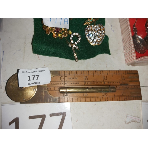 177 - Vintage Brass and wood fold up ruler with level by- RABONE