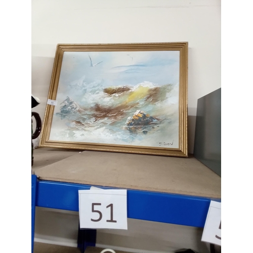 51 - Framed/signed oil on canvas coastal scene (UNABLE TO POST)