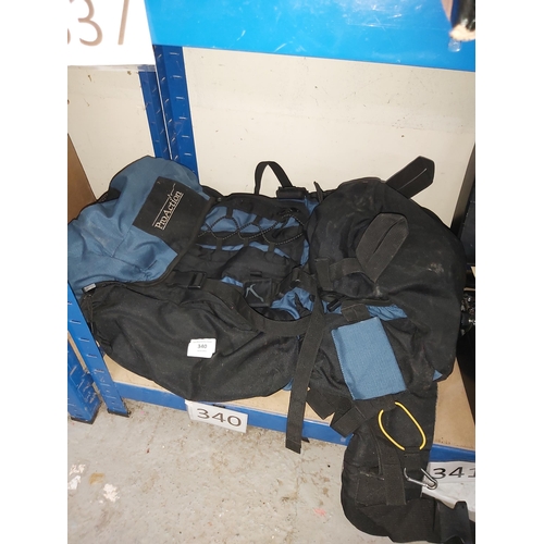 340 - used once Proaction 75 litre large rucksack with waterproof rain cover/ metal back frame