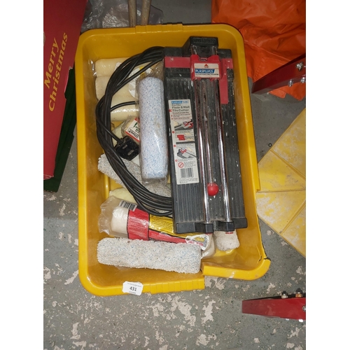 431 - box misc paint rollers, tile cutter etc