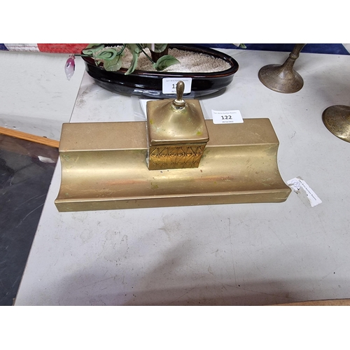 122 - brass desk inkwell (vintage) complete with china ink liner