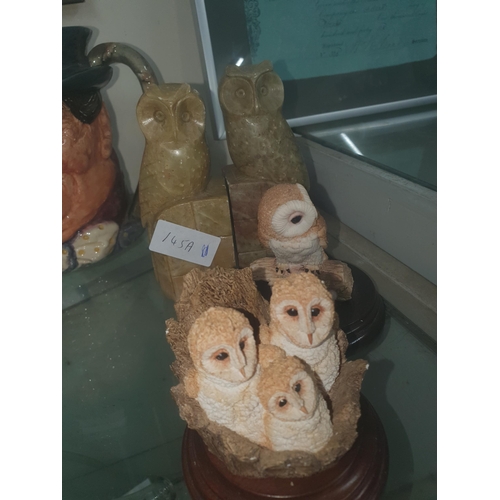 145A - Pair Carved Soapstone Owls & 2 Barn Owls