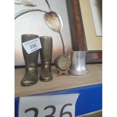 236 - 2 shot boots & shot tankard plus brass barrel