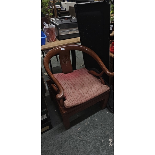 92 - large chinese hardwood carved chair and cushion