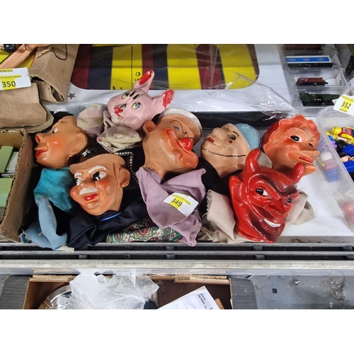 349 - 6 vintage hand puppets with mould clay heads. Popeye, punch and Judy figures