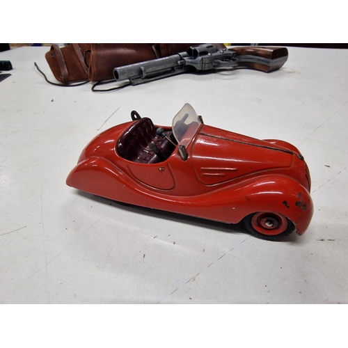 74 - Original Red Vintage Schuco Examico 4001 Wind Up Toy Car Germany US Zone WWII