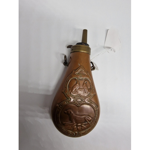 91 - Antique 19th Centaury copper powder flask brass mounted