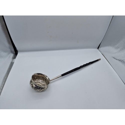 49 - SILVERED TODDY LADLE WITH QUEEN ANNE 1709 COIN with whale bone handle