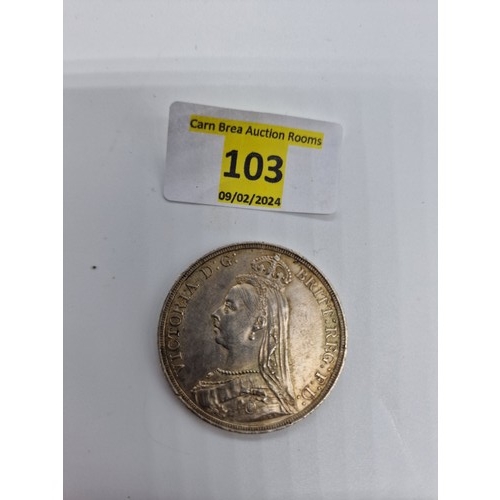 103 - 1887 QUEEN VICTORIA .925 SILVER CROWN, GOOD GRADE, SHARP DETAIL