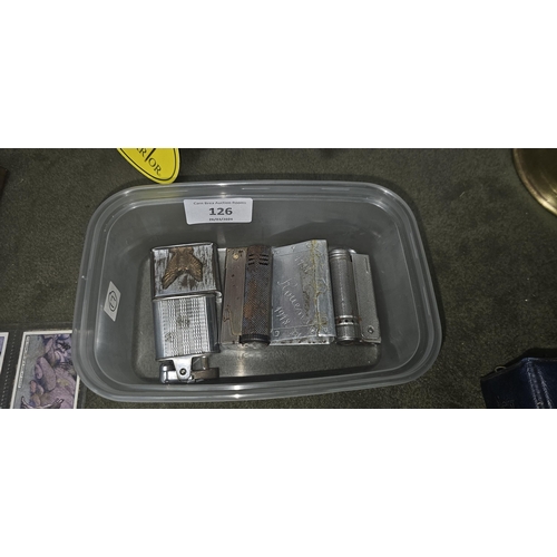 126 - tub 4 vintage lighters & match case cover AS FOUND
